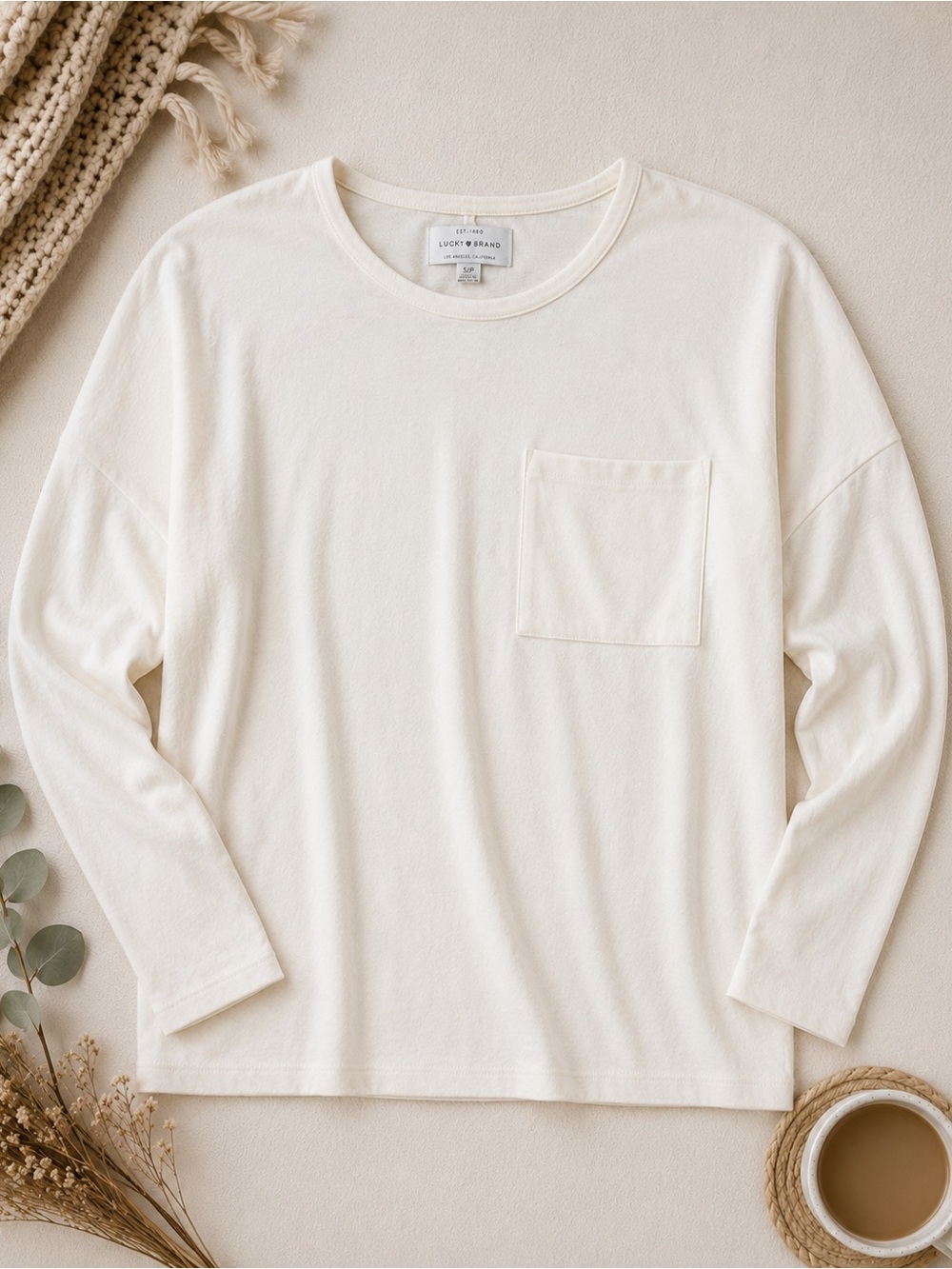 Lucky Brand Cloud Soft Winter White Knit Pocket Top Small Cozy Relaxed Fit